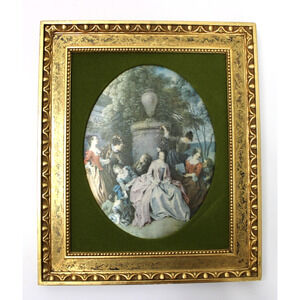 Mid-Century Framed Rococo Silk Art Print Velvet Mat Gilt Frame Court Scene 12x10